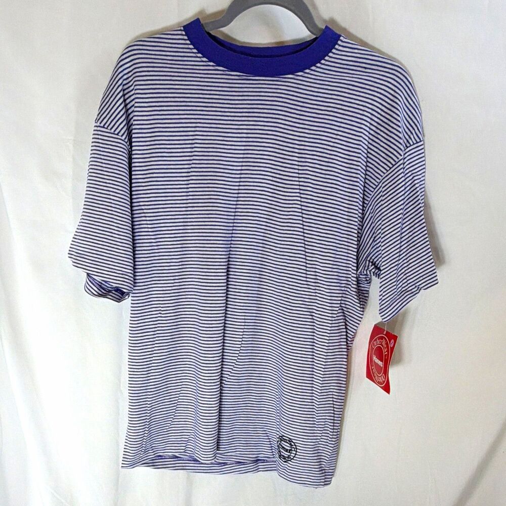 Vintage Hanes OtherWear Women’s Purple/White Striped Ringer Crew Neck T-Shirt, L